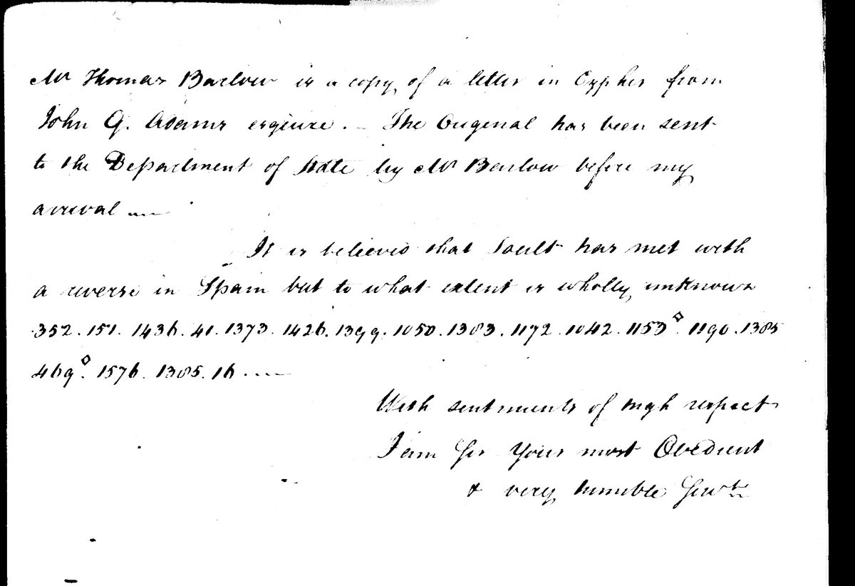 The end of the letter (image 0029): two paragraphs in clear, one of them on the copy of a cipher letter from J. Q. Adams found among the legation papers, then a last sentence in code (“No more is permitted in this country than what comports with the views of the Emperor”).