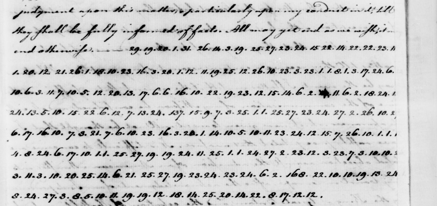 PCC 89 II, p. 730 (crop): “All may yet end as we wish, it may end otherwise. —” then the eight lines of numbers; the ends of the lines vanish into the binding. NARA, public domain.