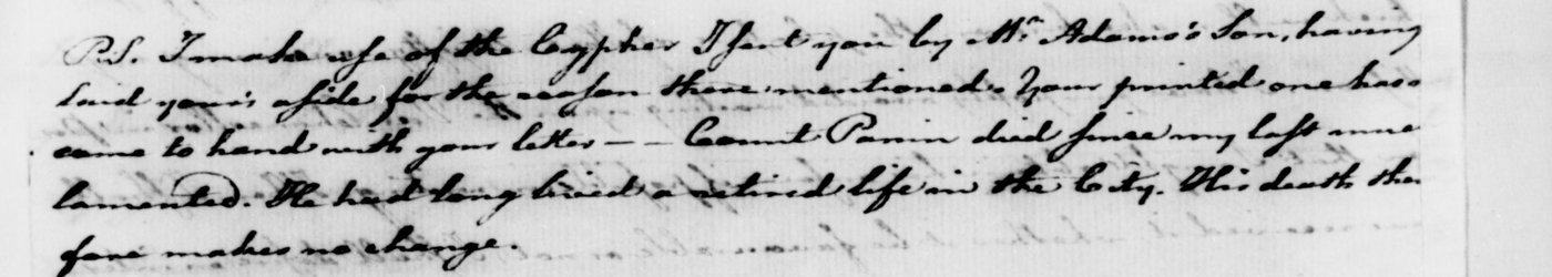 PCC 89 II, p. 730 (bottom): the postscript, “I make use of the Cypher I sent you by Mr. Adams’s Son”. NARA, public domain.