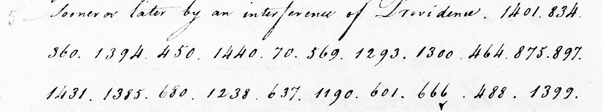 Same image, p. 14 (bottom): “… by an interference of Providence. 1401. 834.”; note the “v” under 666 (Zea).