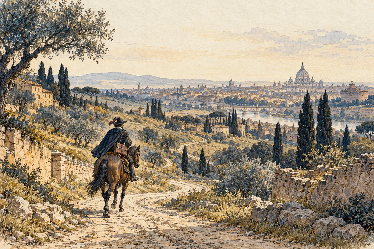 Contemporary illustration: A courier towards Rome: an imaginative evocation, not a documented route or a reconstruction of the 1610 skyline.