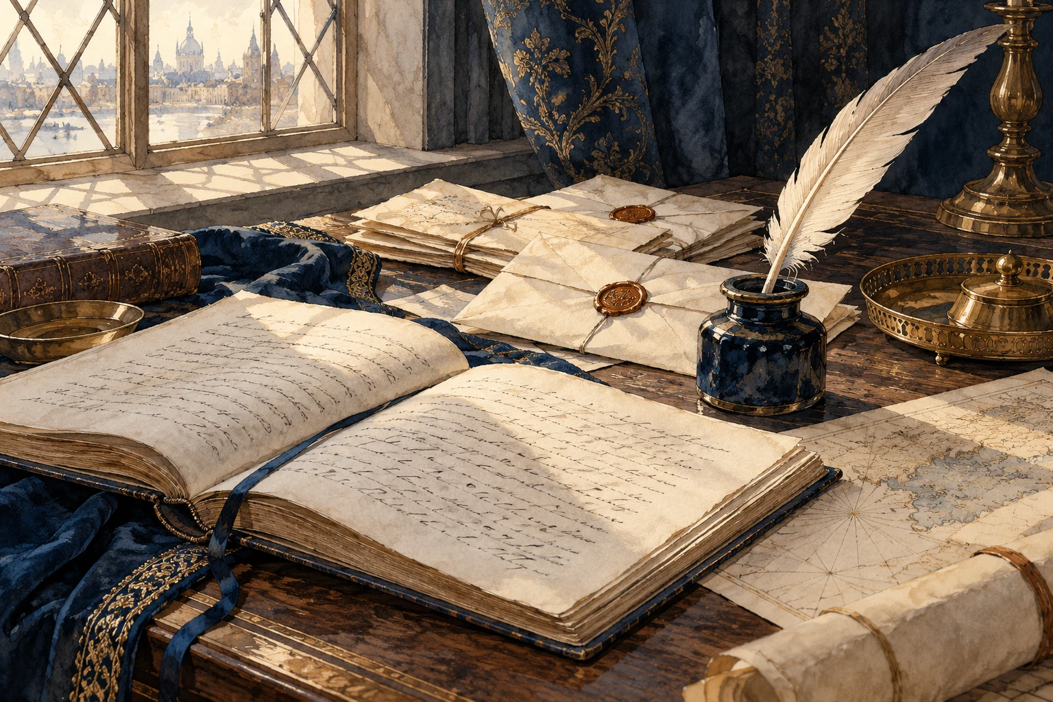 Contemporary illustration: An imagined early-seventeenth-century writing desk. This is not an archival document.