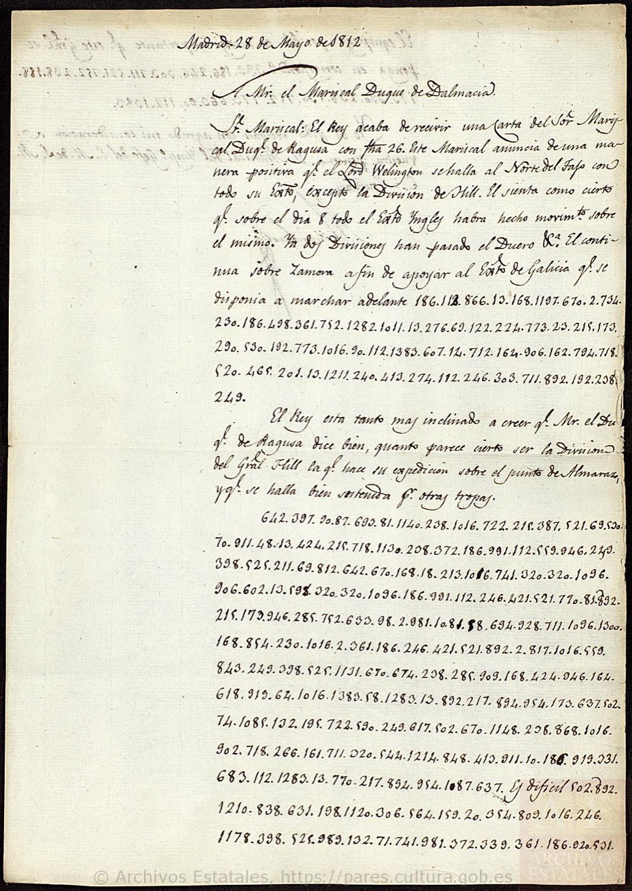 AHN, DIVERSOS-COLECCIONES,134,N.34, image 2: the Spanish translation, broken by the cipher numbers left as they were. Ministerio de Cultura, Archivo Histórico Nacional, PARES.