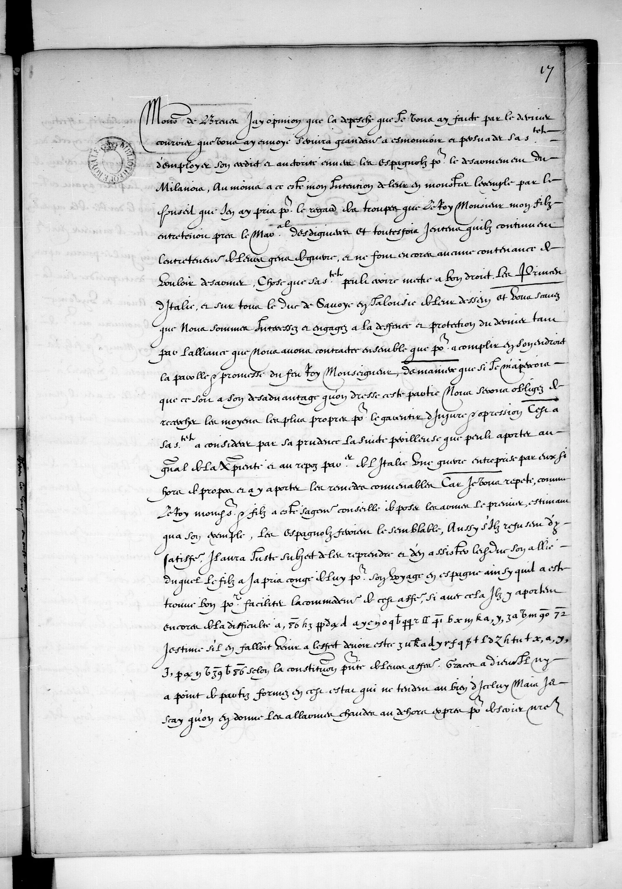 Folio 17r, letter of 15 September 1610, with cipher embedded in French prose.