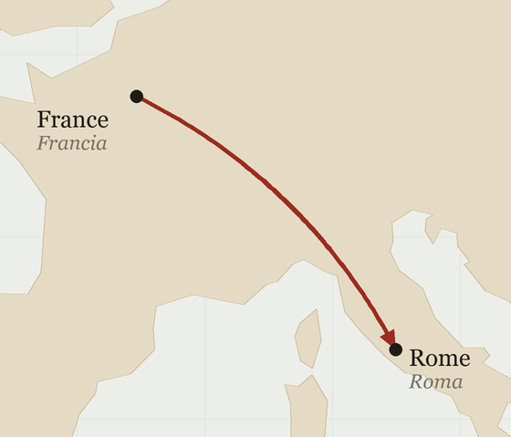 Route France → Rome (schematic map, Natural Earth background; the place of writing is not given on this leaf)