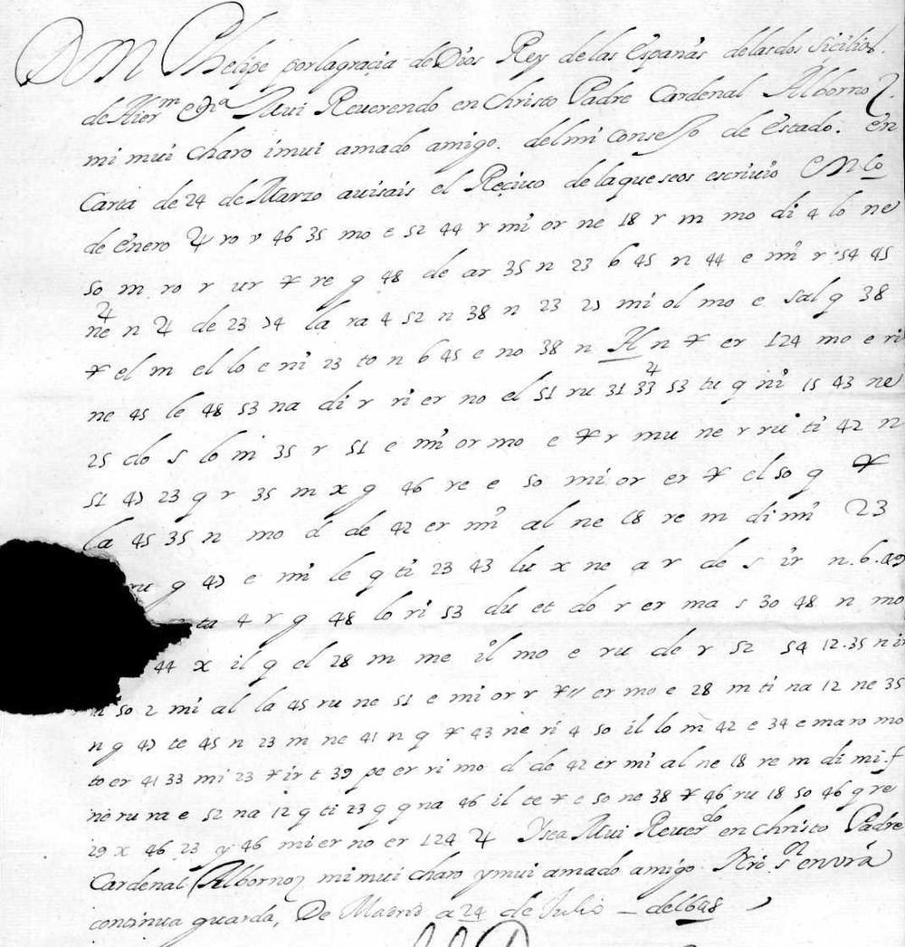 Copy B (OSUNA,CT.2,D.32, image 5): the letter opens in plain text (“En carta de 24 de março… de 10 de enero”), then the cipher runs to “Y sea muy reverendo…”. Ministerio de Cultura, Archivo Histórico de la Nobleza, PARES.