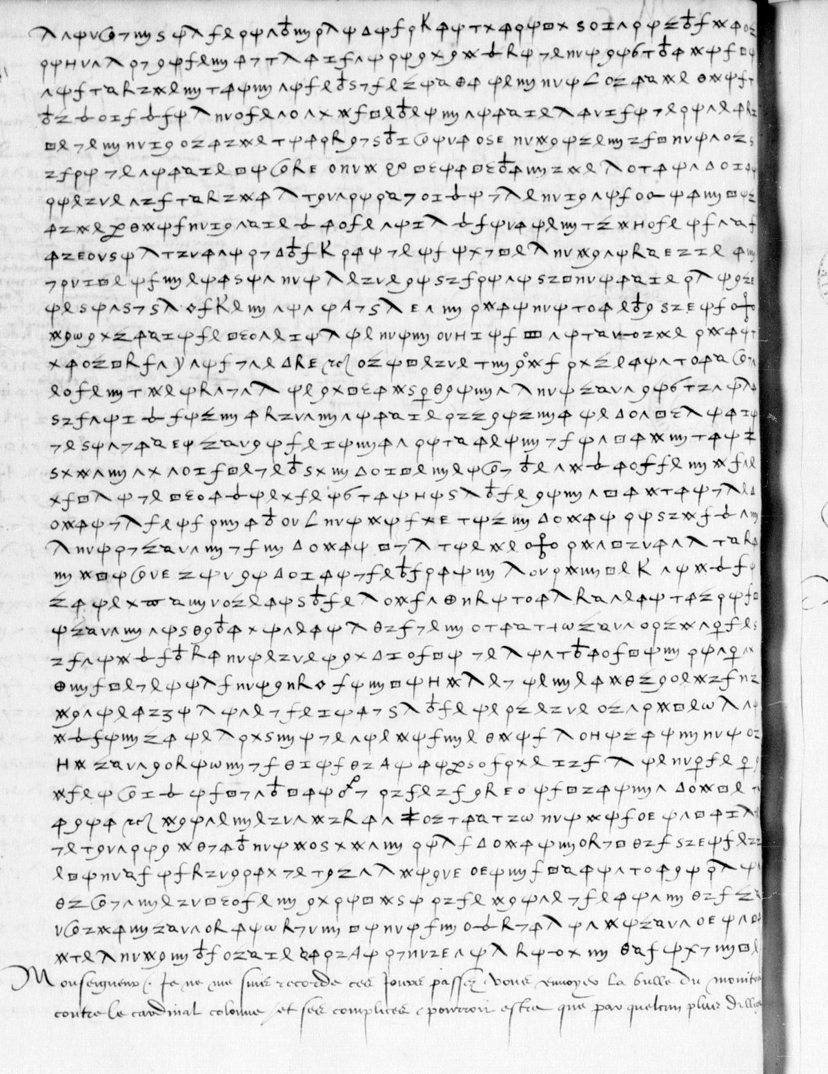 BnF, Français 2984, p. 106: the whole page in cipher, continuing the letter of 20 November 1526, then the start of the plain postscript (“the bull of the monitory against Cardinal Colonna”). Source gallica.bnf.fr / BnF.