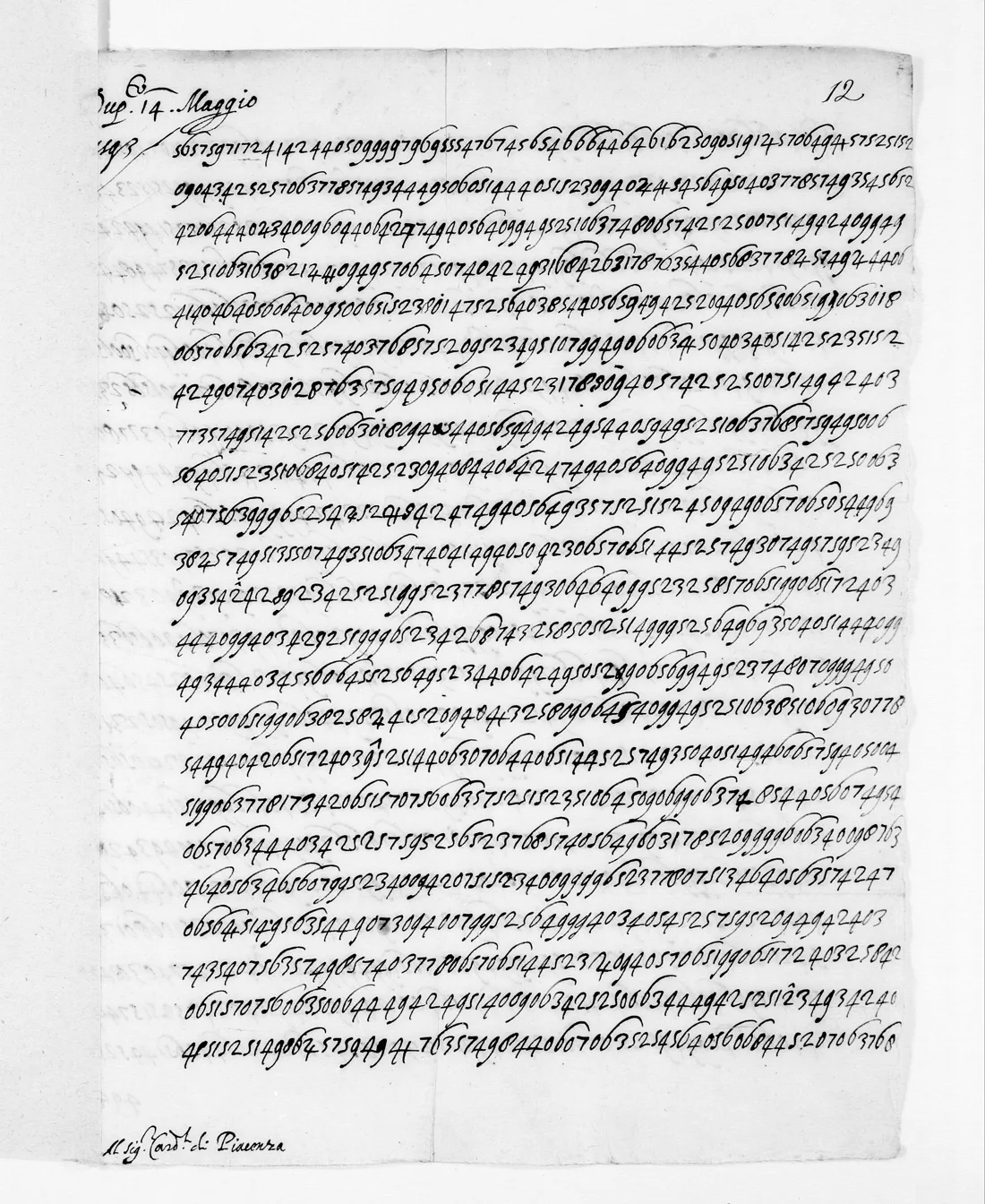 BnF Français 3984, f. 12r: a page covered with continuous figures, with the marginal note Dup.to 14 Maggio 1593.