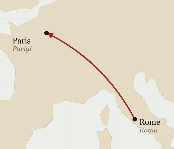 Route Rome → Paris (schematic map, Natural Earth background)