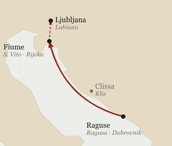 Schematic map (Natural Earth background): the brigantine from Ragusa reaches Fiume; the letter leaves by post for Ljubljana. Clissa is marked.