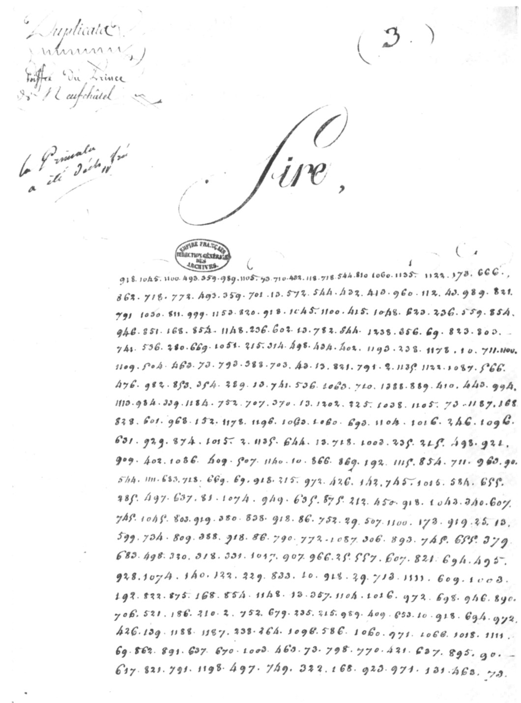 The whole page 3 of the enciphered dispatch: “Sire,” followed by 22 lines of numbers separated by dots.