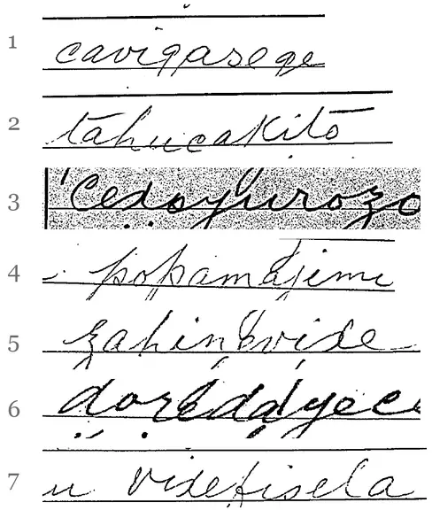 Sept mots manuscrits recopiés par les commis japonais en 1916, numérotés de 1 à 7
