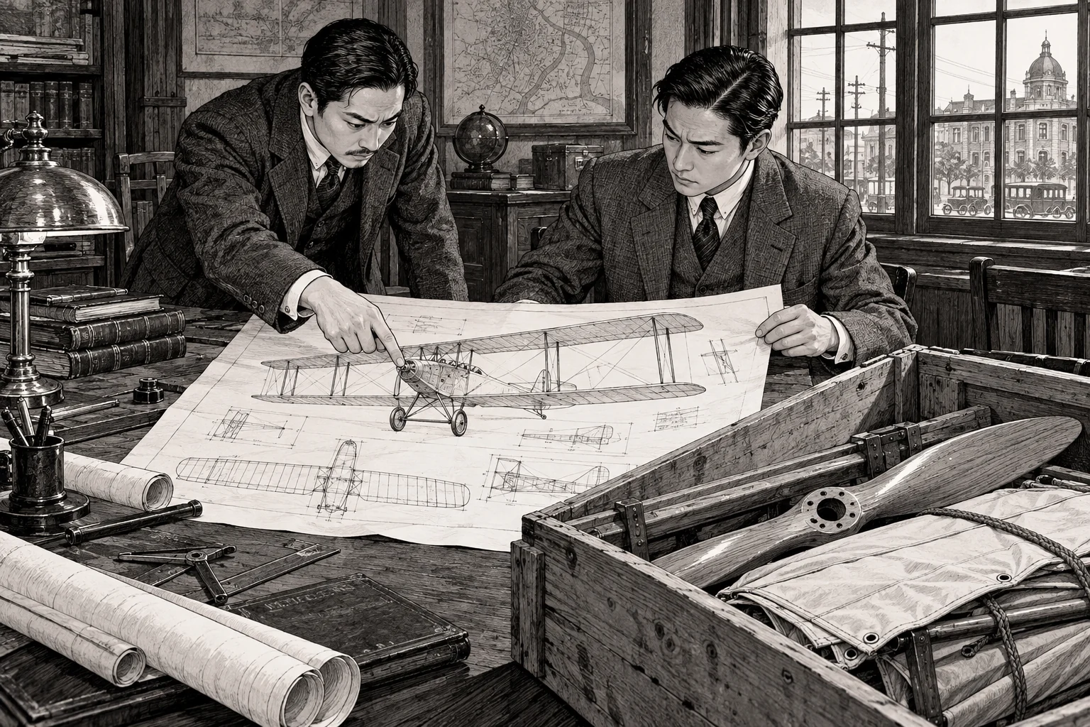 航空機購入交渉の想像図。1917年以前の複葉機設計を示すが、購入機種は不明。