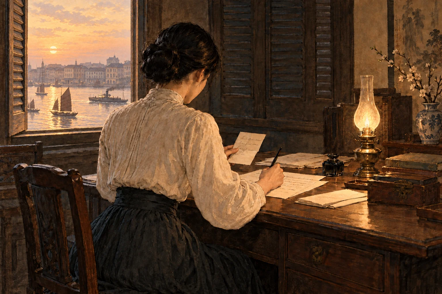 自宅で暗号文を書く。1915年3月11日の電報の指示を想起させる場面。