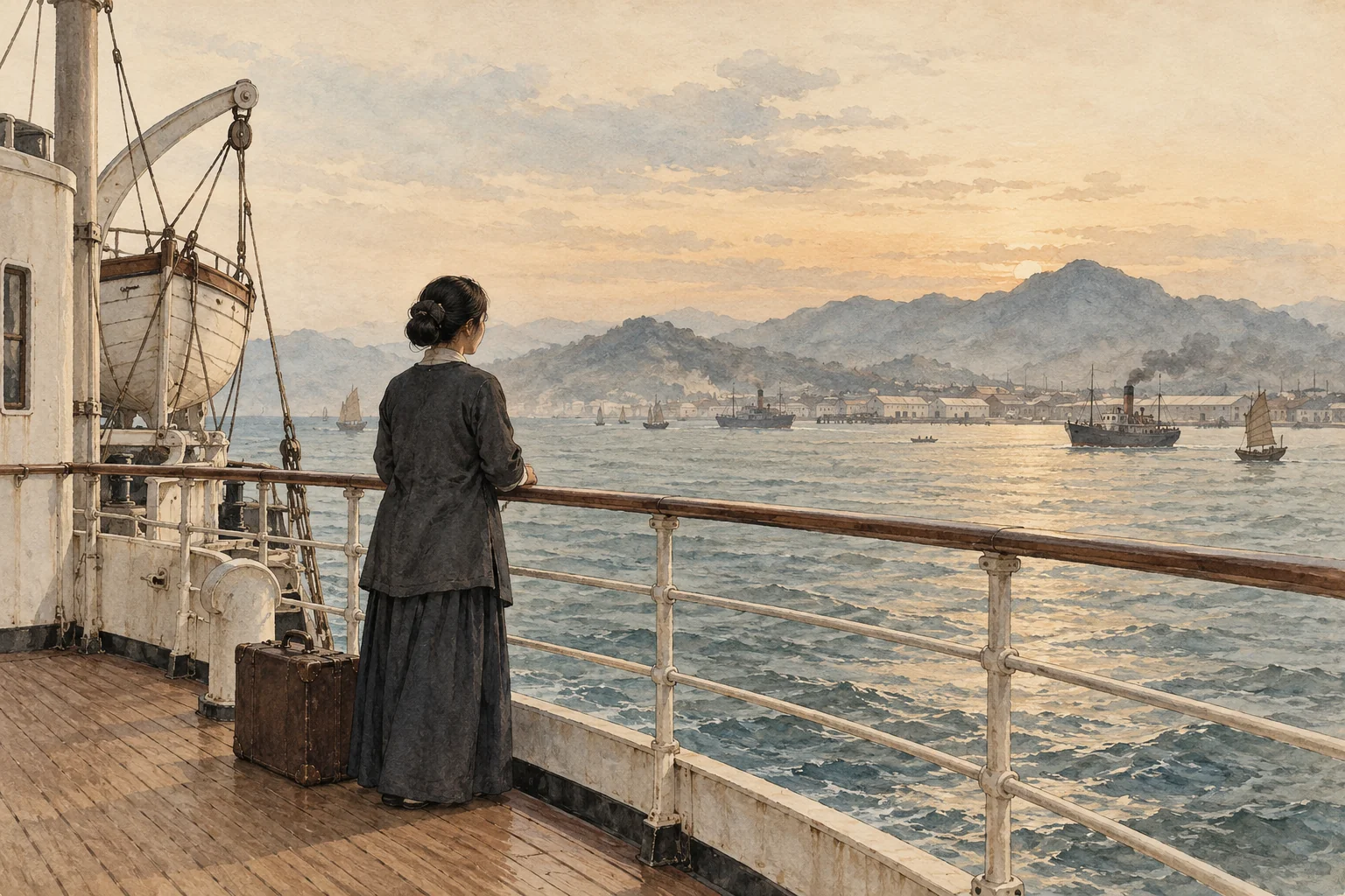 1915〜1916年、中国と日本を結ぶ船旅。船と港は架空であり、特定のものではない。