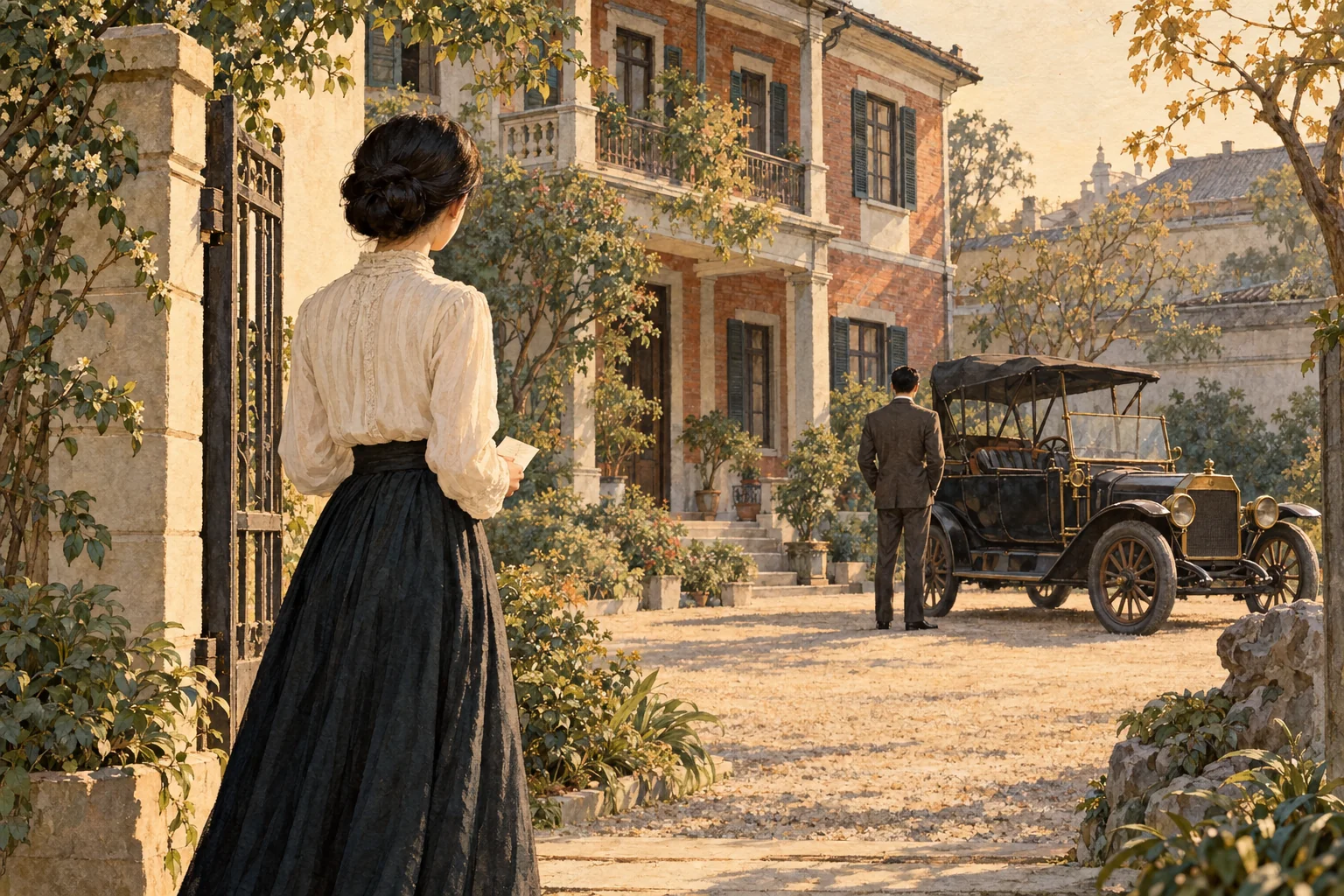 Yung、家、自動車。1915年2月25日の電報を象徴的に描いた場面。Yungの身元、家と車の特定、持参金という解釈はいずれも確定していない。